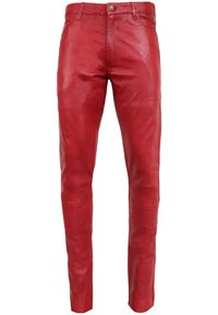 Rode leren broek met een slim fit, met een gladde textuur, vijf-pocket ontwerp en een metalen knoopsluiting bij de taille.