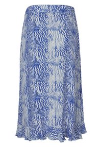 Jupe bleue et blanche mi-longue avec un motif abstrait à rayures ondulées et un ourlet volanté.