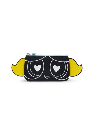 Black pencil case with blue zipper, featuring white eyes and heart patterns, and yellow ear accents on either side. Made of durable material.