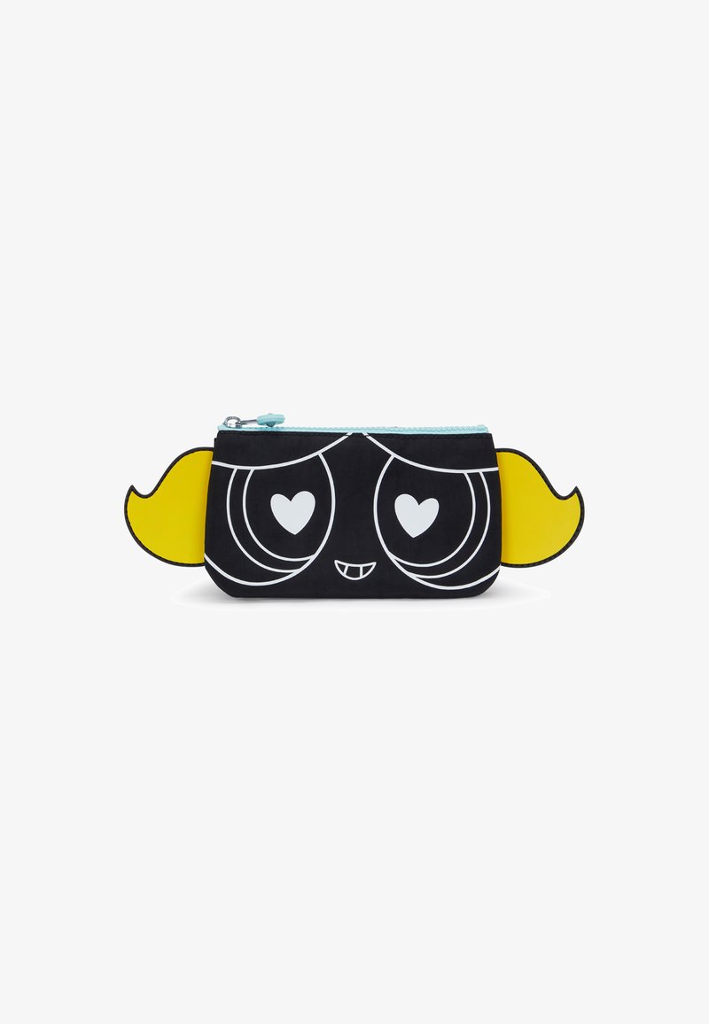 Black pencil case with blue zipper, featuring white eyes and heart patterns, and yellow ear accents on either side. Made of durable material.