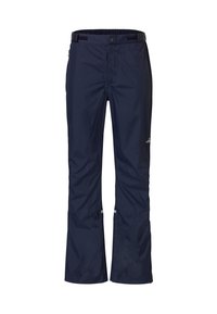 Marineblauwe waterdichte broek met een elastische tailleband, knoopsluiting en zijzakken. Glad stof met reflecterende accenten aan de zoom.