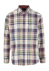 Kariertes Hemd mit multicolorierten Quadraten in Rot, Blau, Grün und Gelb auf weißem Hintergrund. Mit einer Brusttasche und Kragen.