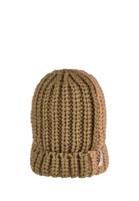 Chunky rib-knit brown wool beanie hat with a folded cuff and small fabric tag on the side.