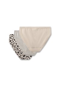 Drei Paare Damenunterwäsche: eine einfarbige beige, eine hellgraue und eine mit schwarzem Leopardenmuster. Weicher Stoff, elastischer Bund, nahtloses Design.