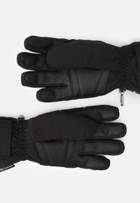 Black gloves featuring a mix of textured leather and soft fabric, with a cinched wrist and a hook for attachment.