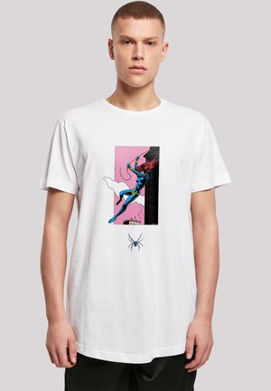 White cotton t-shirt featuring a vibrant graphic of a blue superhero with red hair, set against a pink and black background, with spider logo.