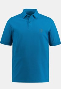 Polo turquoise en coton, avec un col, des manches courtes et un petit logo marron sur la poitrine. Texture lisse.