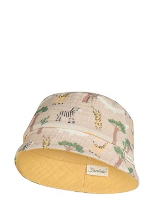 Eimerhut mit beigem Außenstoff, bedruckt mit Zebras, Giraffen, Bäumen und gelbem Innenfutter, mit dem Etikett "Sterntaler".