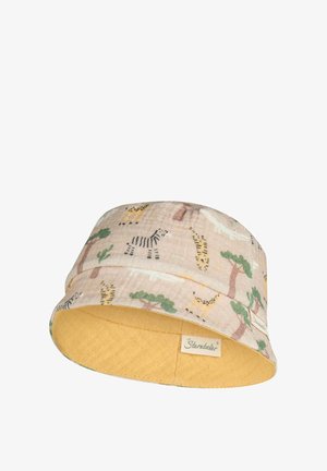 Bucket hat with beige outer fabric featuring zebras, giraffes, trees, and yellow inner lining, labeled "Sterntaler."