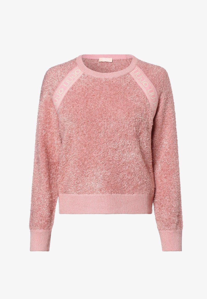Pull doux en rose pâle à manches longues, avec des bords côtelés aux poignets et à l'ourlet, col rond et détails de bandeau en rose clair sur les épaules.