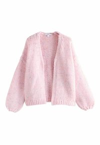 Cardigan gros tricotat în roz deschis, cu un model texturat. Dispune de mâneci largi și design cu față deschisă, oferind un aspect confortabil.