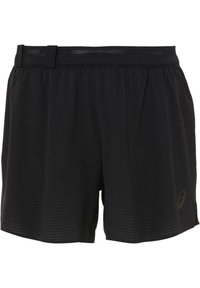 Black athletic shorts made of lightweight fabric feature an elastic waistband with mesh accents, small perforations, and a subtle logo.