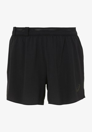 Sorte atletiske shorts lavet af letvægtsstof har en elastisk talje med mesh-detaljer, små perforeringer og et diskret logo.