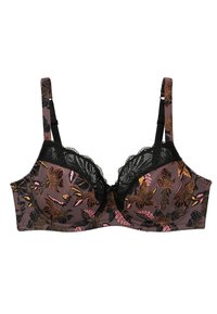 Soutien-gorge à motif floral dans des tons de rose et de noir, avec une bordure en dentelle et des bretelles réglables. Fabriqué en tissu lisse, design structuré.