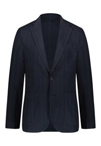 Mörkblå linneskjorta med kavajkrage, två framfickor, en enkel knappstängning och en slim fit-design.