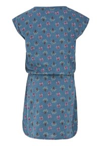 Blaudruckkleid mit kurzen Ärmeln, lässiger Passform und floralem Muster in Lila und Grün auf weichem Stoff. Abgerundeter Saum.