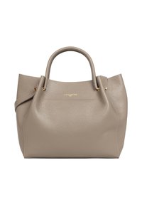 Sac fourre-tout en cuir gris avec surface texturée, deux courtes poignées, accents dorés et logo embossé à l'avant. Forme rectangulaire.