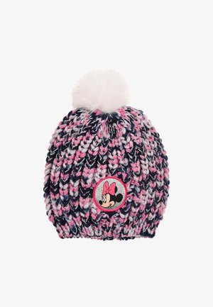 Geknoopte muts in marineblauw, roze en wit met een witte pompon. Bevat een ronde patch met een karakter. Gestructureerde stof met een kleurrijk patroon.