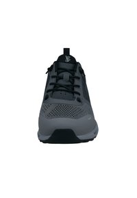 Front view of a gray and black athletic shoe with mesh details and black laces on a white background.