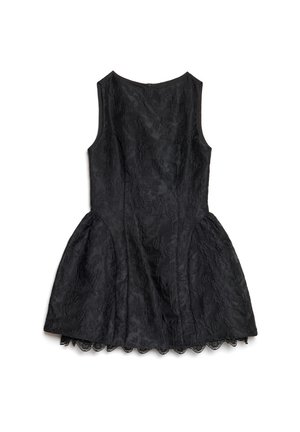 Rochie neagră cu bust fixat și fustă evazată. Prezintă modele florale brodate și tiv cu margine ondulată. Design fără mâneci, fermoar la spate.