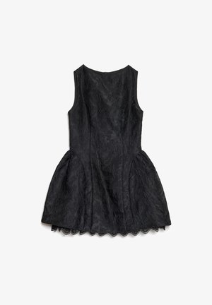 Black dress with a fitted bodice and a flared skirt. Features embroidered floral patterns and a scalloped hem. Sleeveless design, back zipper.