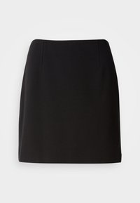 Jupe droite noire longueur genou avec une taille ajustée et sans motifs ni embellissements visibles sur fond blanc.