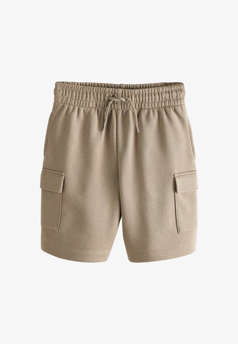 Shorts beige décontractés avec taille élastique, fermeture par cordon de serrage et deux grandes poches cargo latérales avec rabats.