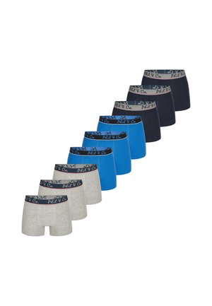 Pack de boxers pour hommes comprenant quatre paires bleues, deux paires grises et trois paires bleu marine foncé, avec des ceintures élastiques affichant le logo "Phil & Co.".