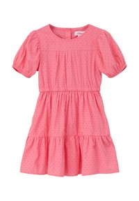 Rosa Kleid aus strukturiertem Stoff mit Puffärmeln, runden Ausschnitt, gerafftem Oberteil und einem ausgestellten Rock mit einem gestuften Saum.
