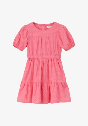 Rosa Kleid aus strukturiertem Stoff mit Puffärmeln, runden Ausschnitt, gerafftem Oberteil und einem ausgestellten Rock mit einem gestuften Saum.
