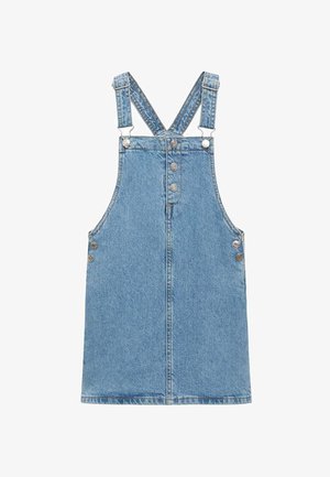 Traper haljina na bretelama u svijetloplavoj boji, s podesivim trakama, pet dugmadi s naplatkom sprijeda i dva bočna džepa. Glatka tekstura.