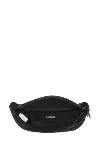 Musta nailonipussi, jossa on tekstiilipintainen tikkikuvio, vetoketjukiinnitys ja sisätasku. Sisällä on huomaamaton brändilogo.