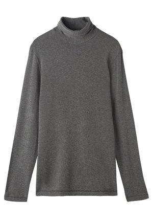 Grauer Rollkragenpullover aus weichem Stoff, mit langen Ärmeln und entspannter Passform. Glatte Textur mit minimalem Nähdetail.