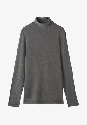 Grauer Rollkragenpullover aus weichem Stoff, mit langen Ärmeln und entspannter Passform. Glatte Textur mit minimalem Nähdetail.