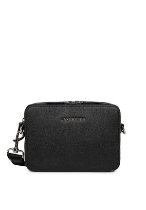 Black rectangular crossbody bag, textured material, silver hardware, brand name "LANCASTER" embossed on front, adjustable strap.