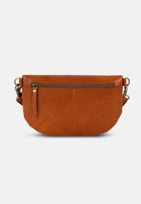 Brown leather clutch bag with a zippered top, front pocket, and a detachable strap. Smooth texture with visible stitch detailing.