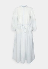 Abito azzurro chiaro a maniche lunghe e bottoni, caratterizzato da una vita aderente con cordoncino, colletto e una linea dritta, realizzato in tessuto morbido.