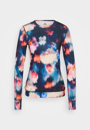 Camisola de manga longa, com decote redondo, em padrão abstrato azul, rosa e branco. Feita de um tecido suave e elástico com punhos justos.