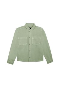 Green corduroy shirt with a collar, long sleeves, and two front pockets. Features a button-front closure and a relaxed fit.
