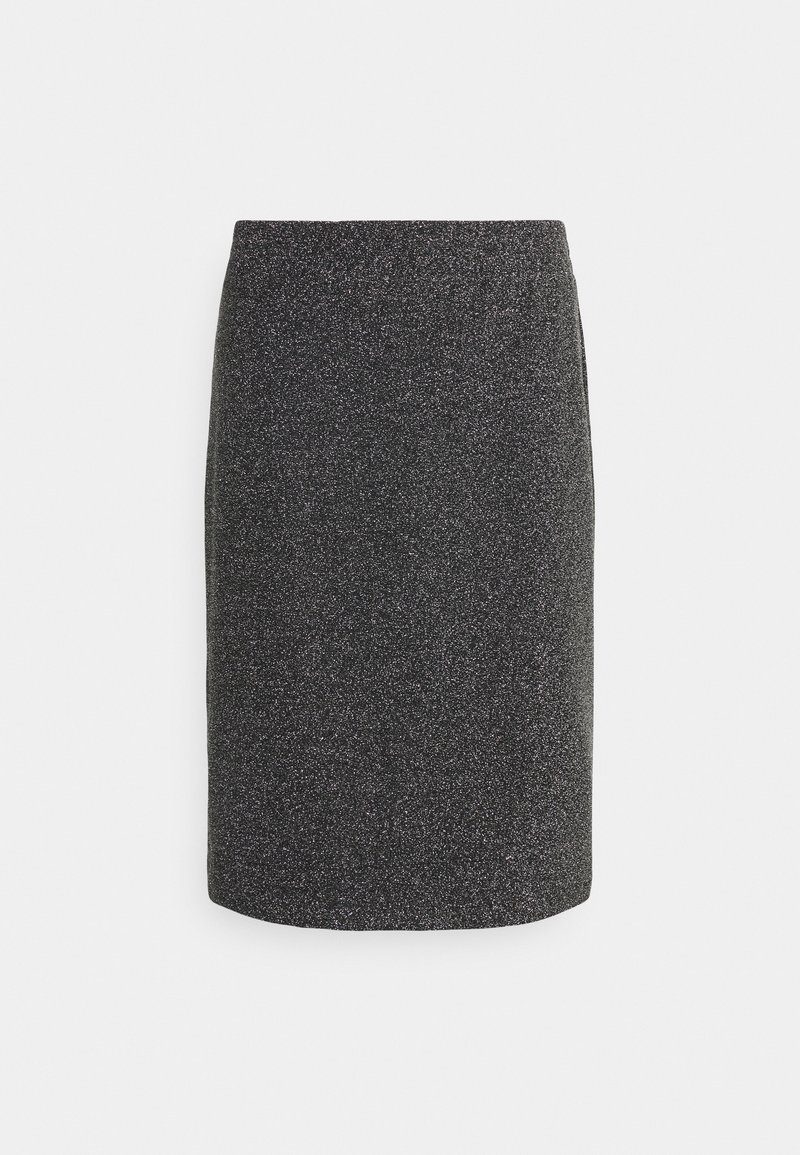 Jupe crayon noire à texture pailletée argentée et taille haute ajustée, présentée sur un fond blanc uni.