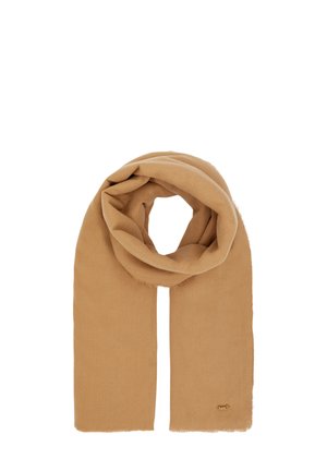 Brun scarf i mjukt tyg, med en slät yta, lätt fransade kanter och en liten accentlogotyp nära ena änden.