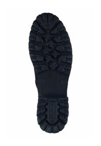 Semelle de chaussure en caoutchouc noir avec des semelles à motifs profonds pour une traction optimale. Présente plusieurs rainures en forme de croix et un logo en relief au niveau du talon.