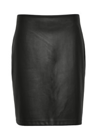 Zwarte leren rok met een gladde textuur, aansluitende vorm en een naadloze tailleband. Knie-lange ontwerp zonder zichtbare hardware of accenten.
