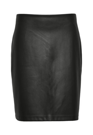 Schwarze Lederrock mit glatter Textur, taillierter Form und nahtlosem Bund. Knielanges Design ohne sichtbare Hardware oder Akzente.