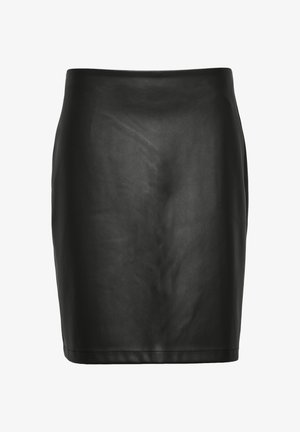 Schwarze Lederrock mit glatter Textur, taillierter Form und nahtlosem Bund. Knielanges Design ohne sichtbare Hardware oder Akzente.