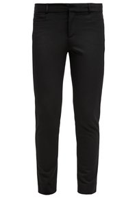 Pantaloni neri slim-fit realizzati in tessuto liscio. Presentano due tasche anteriori e una vita a media altezza. Colore semplice e uniforme senza motivi.