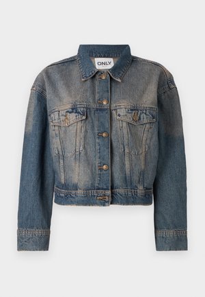Blue denim jacket with a cropped design, featuring two chest pockets, metal buttons, and a classic shirt collar. Faded texture throughout.