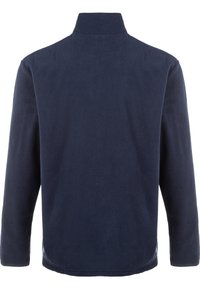 Marinblå fleecejacka med ståkrage, långa ärmar och en mjuk yta. Har sidoflikar för ökad rörlighet.