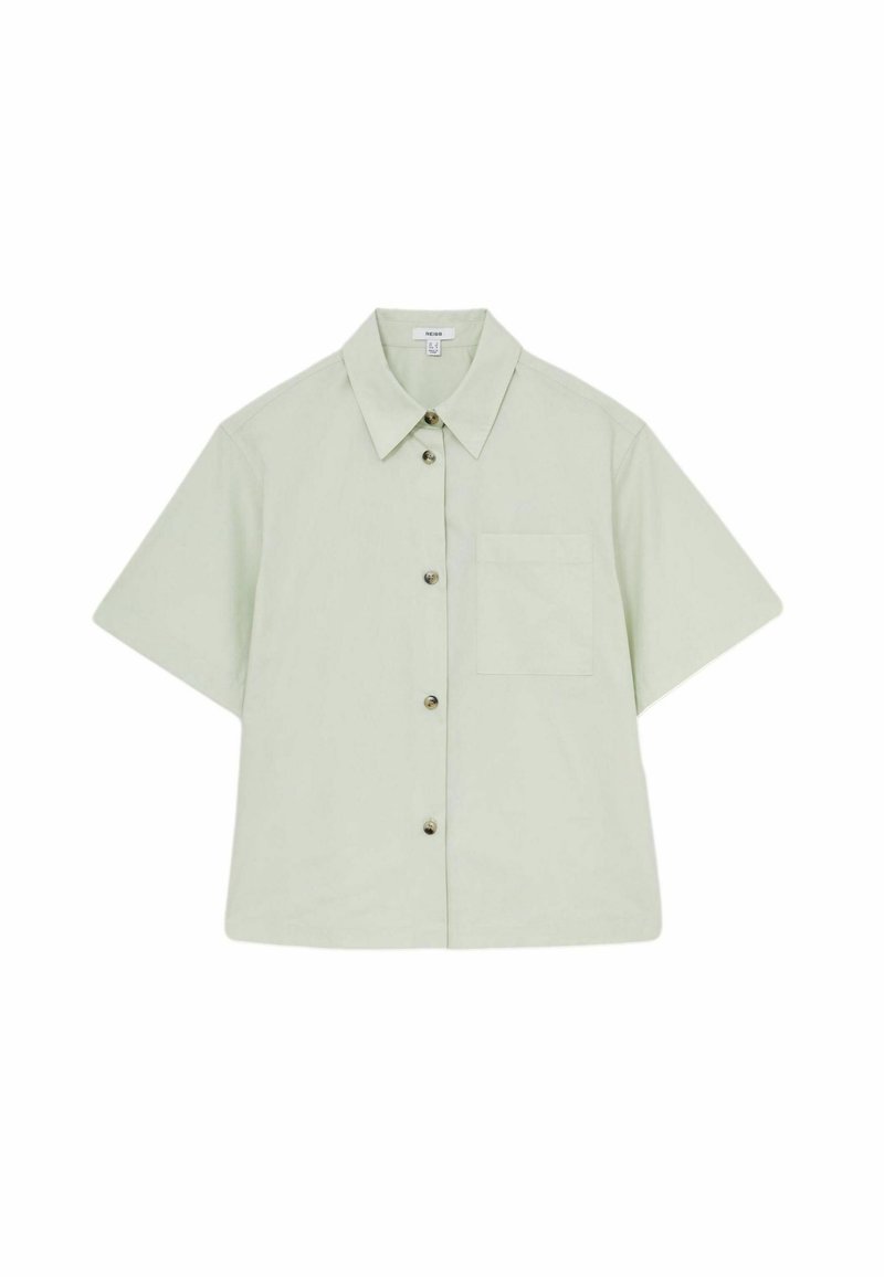 Chemise vert clair à manches courtes avec boutons, col à revers, poche poitrine unique, boutons métalliques, en tissu lisse et léger.