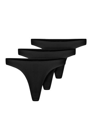 Zwart stringondergoedset met een soepele, rekbare stof en een minimalistisch ontwerp. Drie stukken inbegrepen, met een gemiddelde bedekking aan de achterkant.
